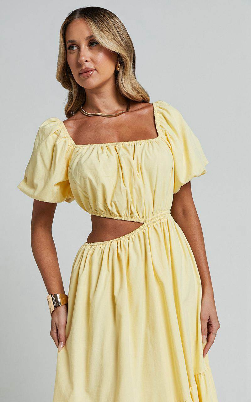 Showpo Chantrell Midi Dress - Puff Sleeve Dress Lemon | XDHYGI257