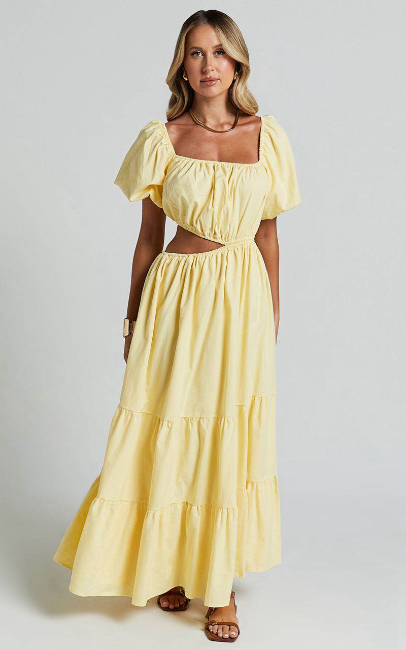 Showpo Chantrell Midi Dress - Puff Sleeve Dress Lemon | XDHYGI257