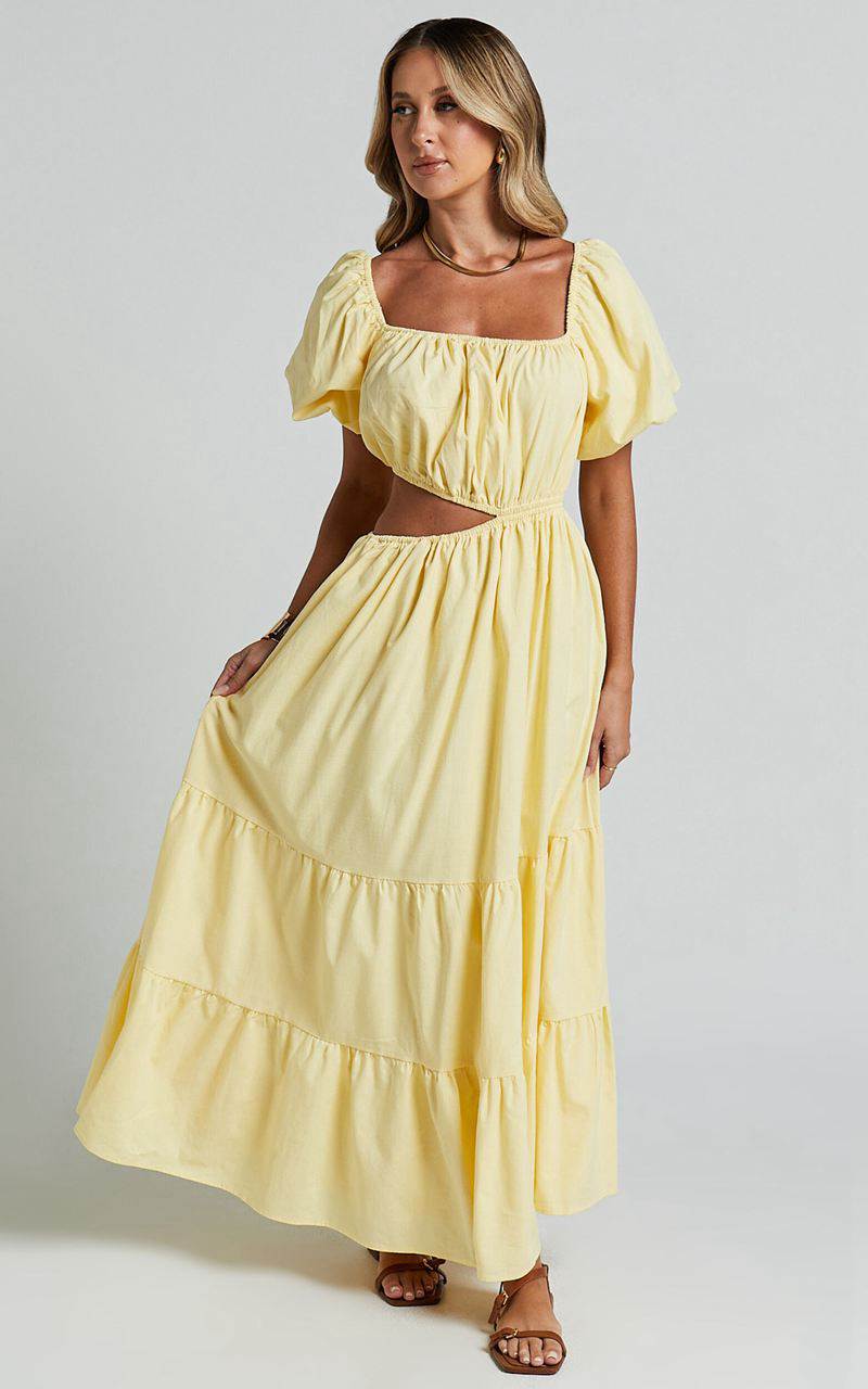 Showpo Chantrell Midi Dress - Puff Sleeve Dress Lemon | XDHYGI257