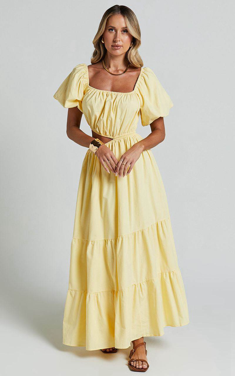 Showpo Chantrell Midi Dress - Puff Sleeve Dress Lemon | XDHYGI257