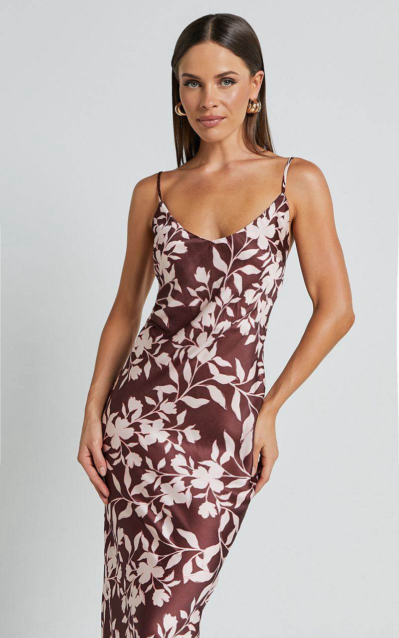 Showpo Charesse Maxi Dress - Satin Bias Cut Scoop Neck Low Back Slip Dress Choc Floral | KPEIMO429