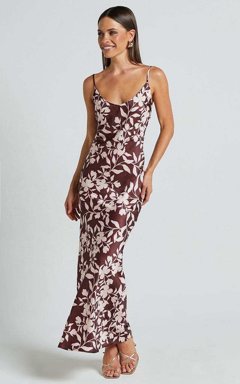 Showpo Charesse Maxi Dress - Satin Bias Cut Scoop Neck Low Back Slip Dress Choc Floral | KPEIMO429