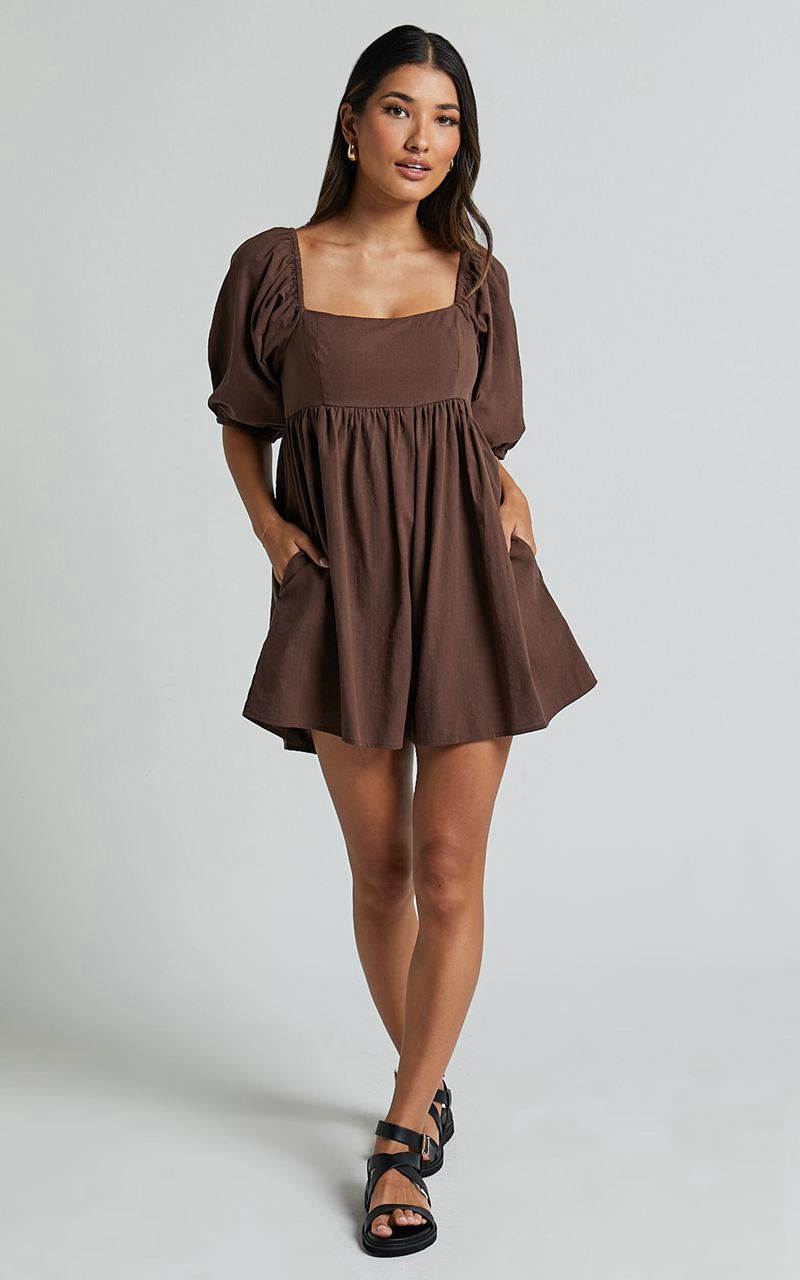 Showpo Chariti Playsuit - Linen Look Puff Sleeve Relaxed Playsuit Chocolate | KUZJGI892