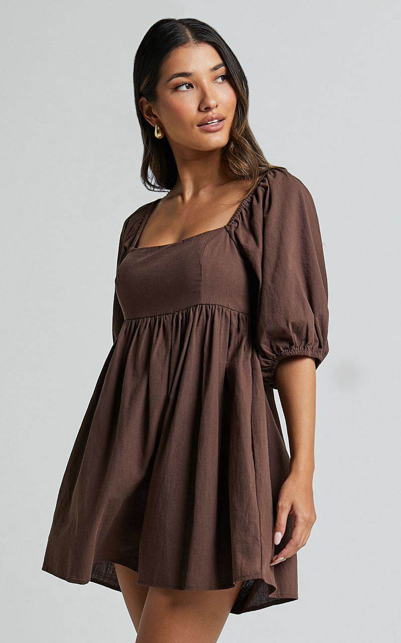 Showpo Chariti Playsuit - Linen Look Puff Sleeve Relaxed Playsuit Chocolate | KUZJGI892