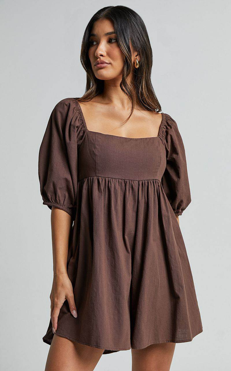 Showpo Chariti Playsuit - Linen Look Puff Sleeve Relaxed Playsuit Chocolate | KUZJGI892