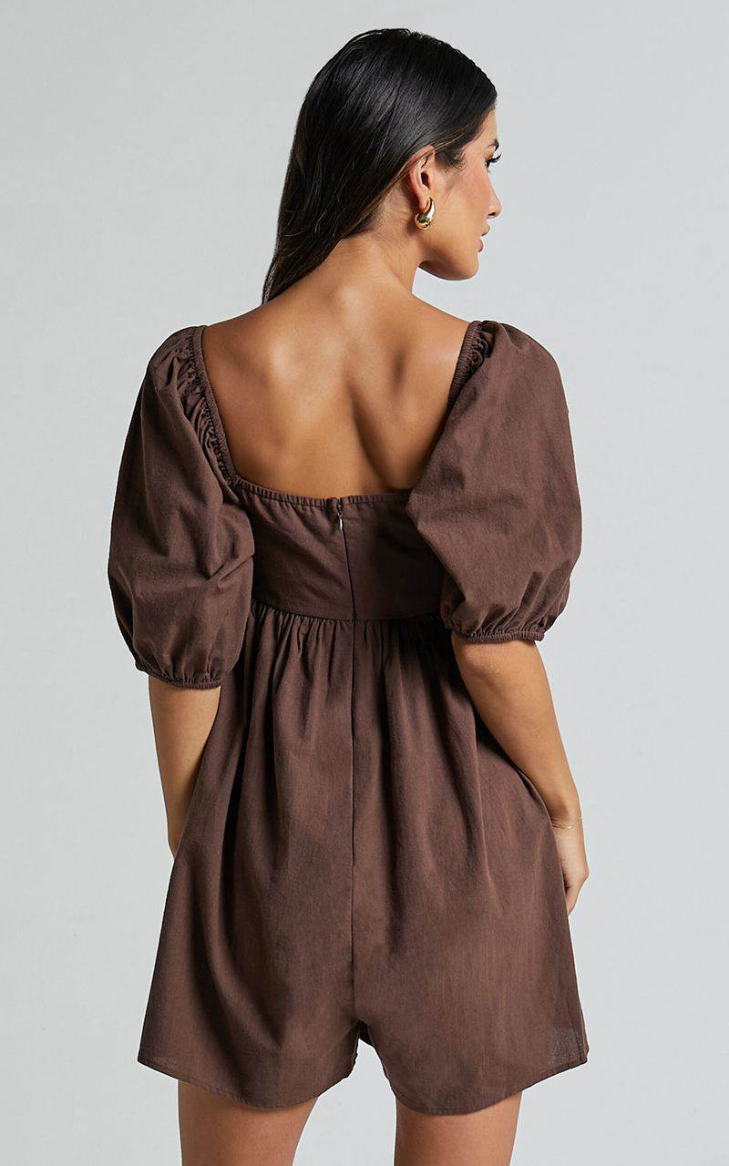 Showpo Chariti Playsuit - Linen Look Puff Sleeve Relaxed Playsuit Chocolate | KUZJGI892