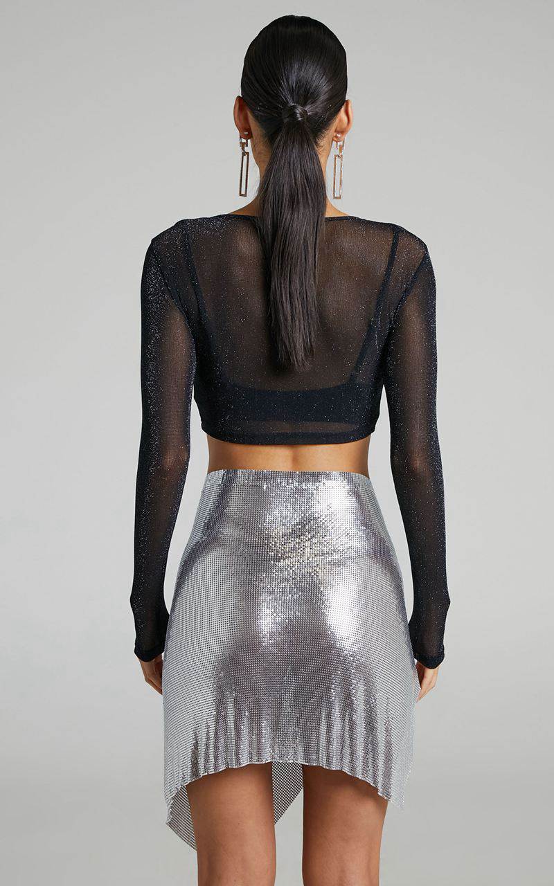 Showpo Charity Mini Skirt - Asymmetrical Mesh Skirt Silver | AQVOGR495