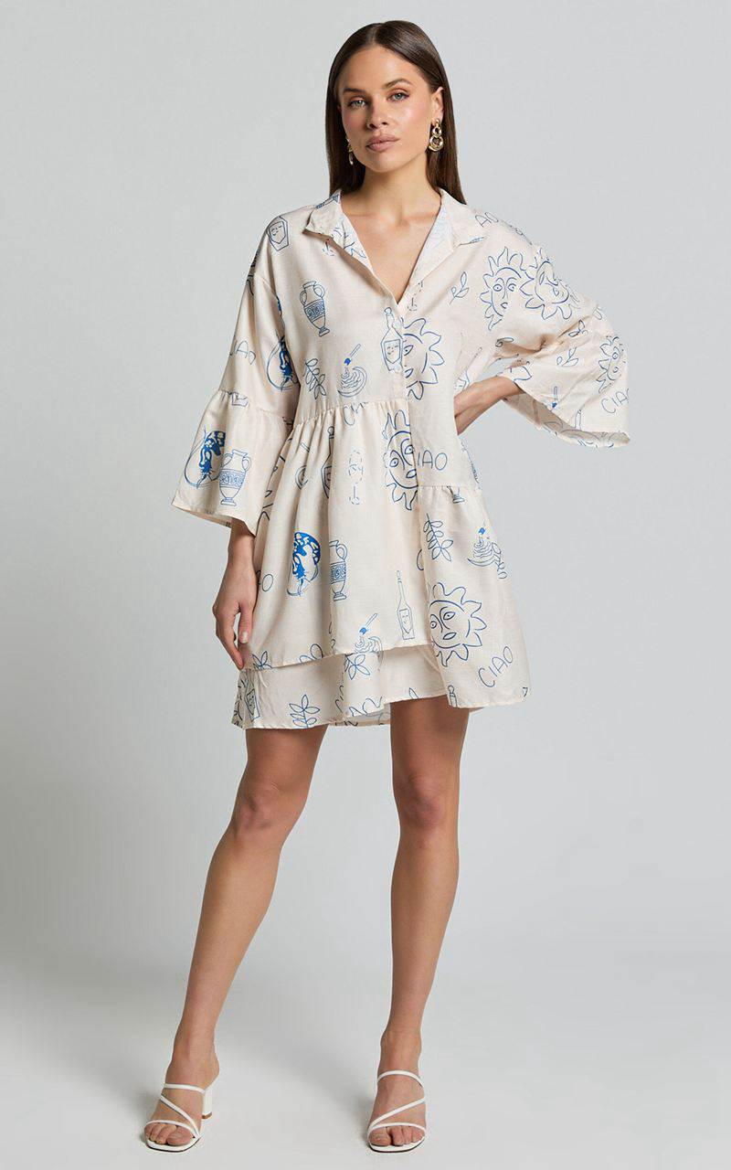 Showpo Charlene Mini Dress - V Neck 3/4 Sleeve Shift Mini Dress Blue Print | TECBVU936