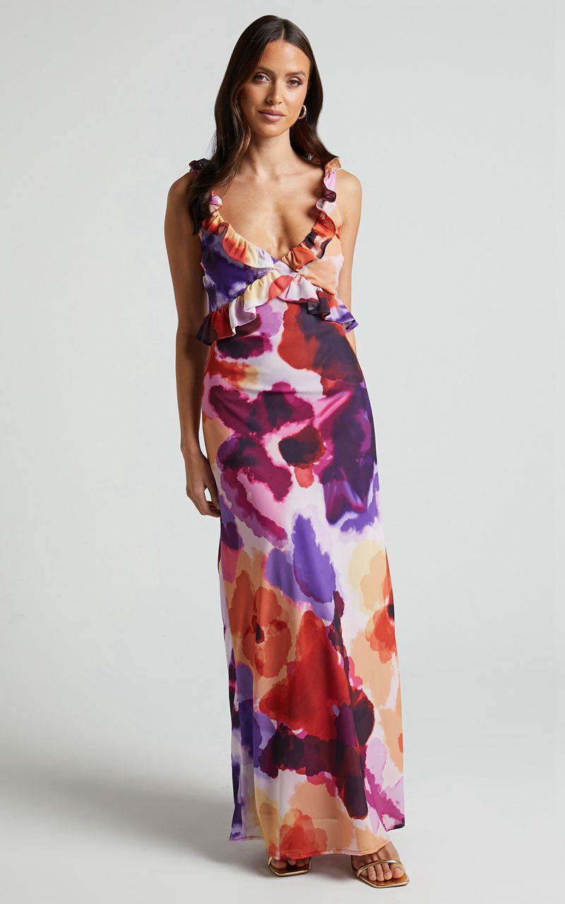 Showpo Charlie Midi Dress - V Neck Low Back Frill Detail Dress Watercolour Floral | NFLBPO603