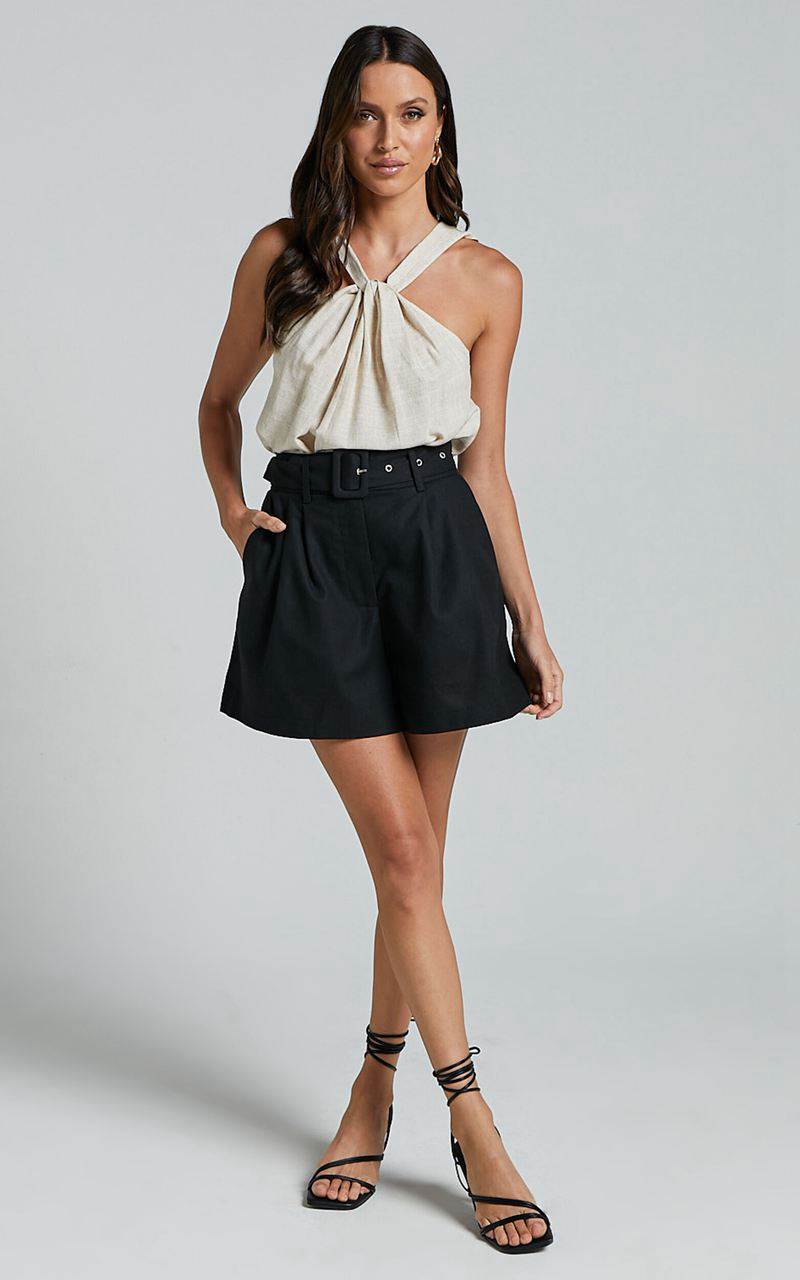 Showpo Charline Shorts - Linen Look High Waisted Tailored Front Pleated Belted Shorts Black | ZMOXPV984