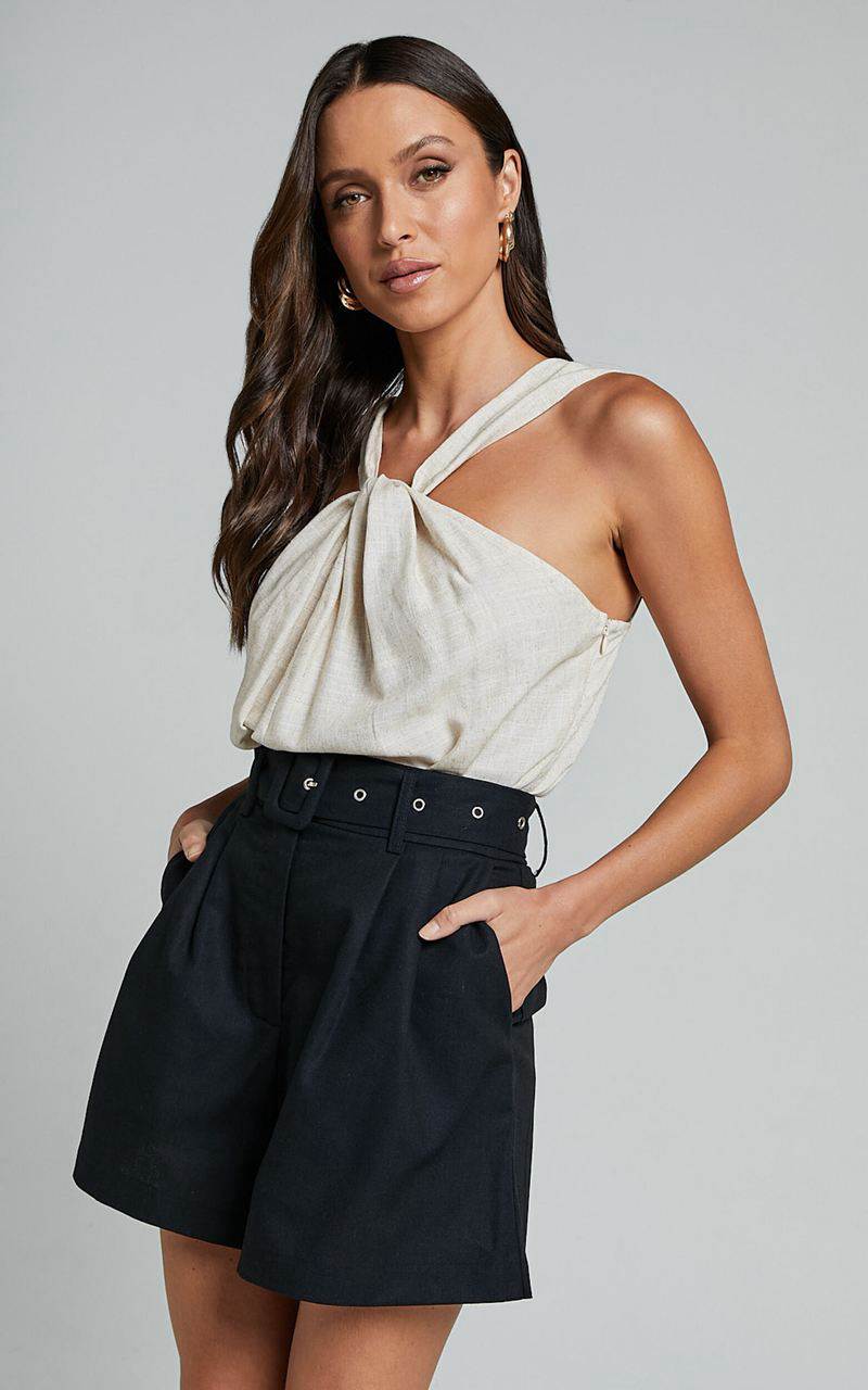 Showpo Charline Shorts - Linen Look High Waisted Tailored Front Pleated Belted Shorts Black | ZMOXPV984