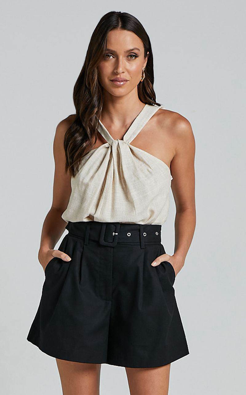 Showpo Charline Shorts - Linen Look High Waisted Tailored Front Pleated Belted Shorts Black | ZMOXPV984