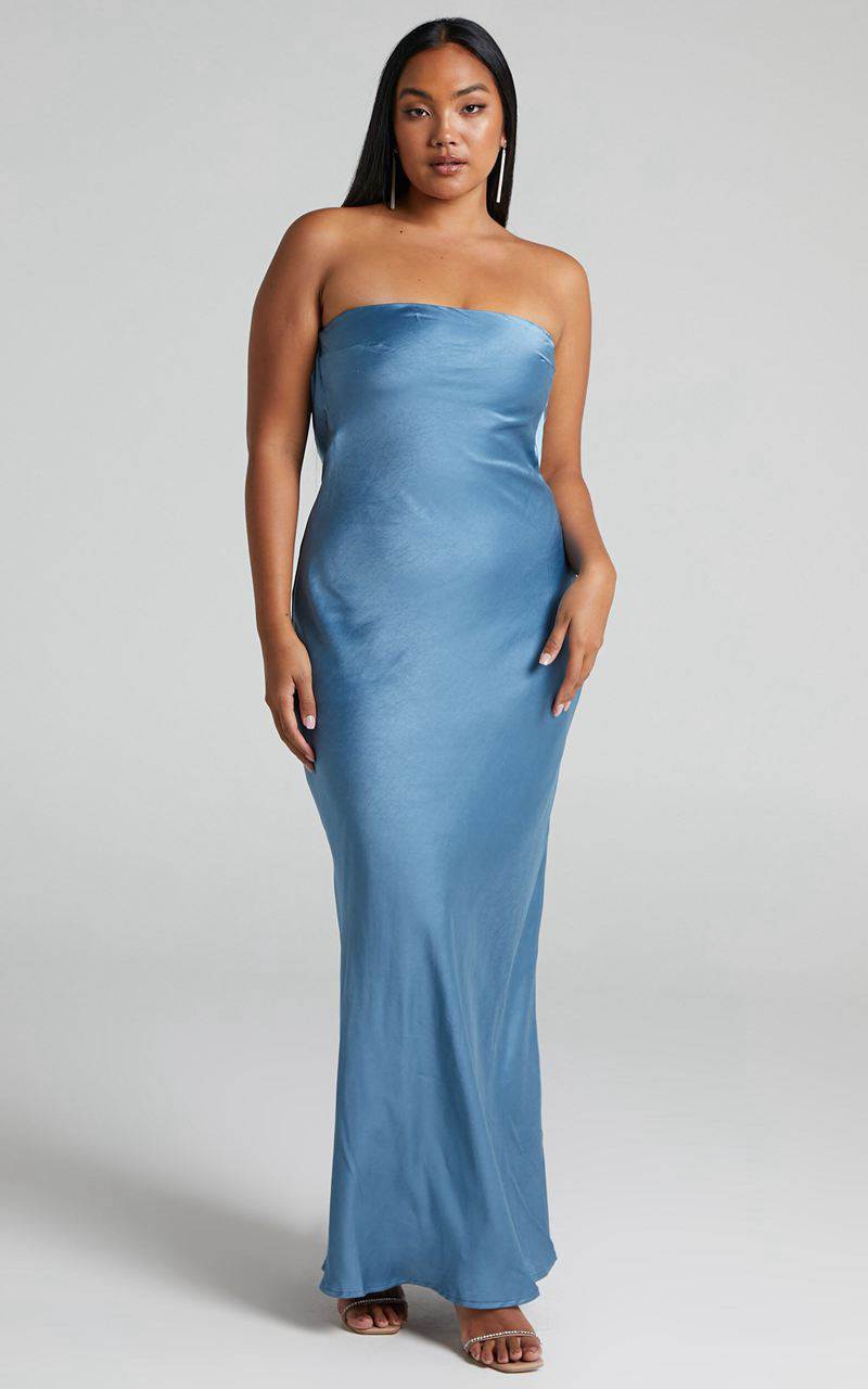 Showpo Charlita Maxi Dress - Strapless Cowl Back Satin Dress Steel Blue | YIPXKH576