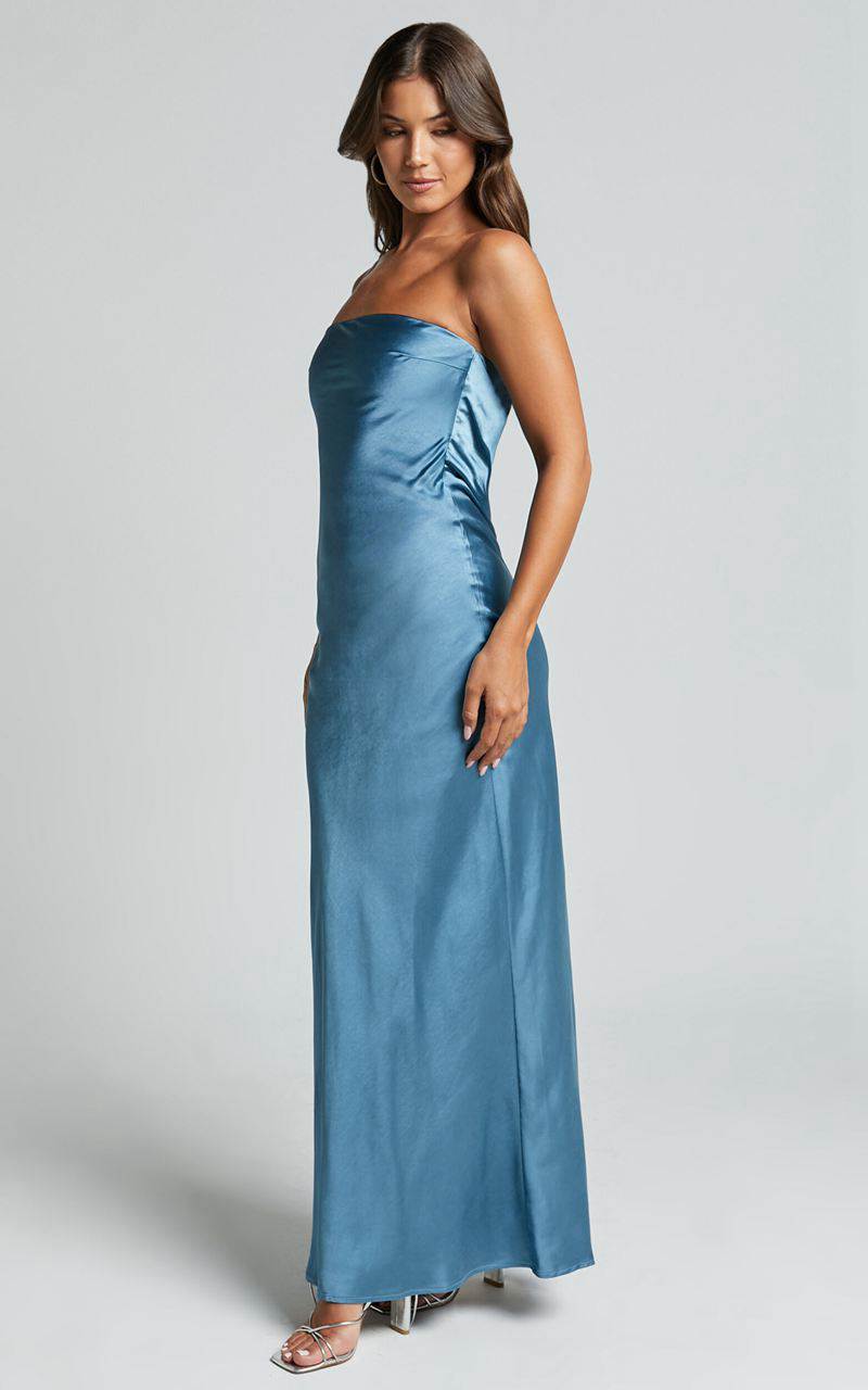 Showpo Charlita Maxi Dress - Strapless Cowl Back Satin Dress Steel Blue | YIPXKH576