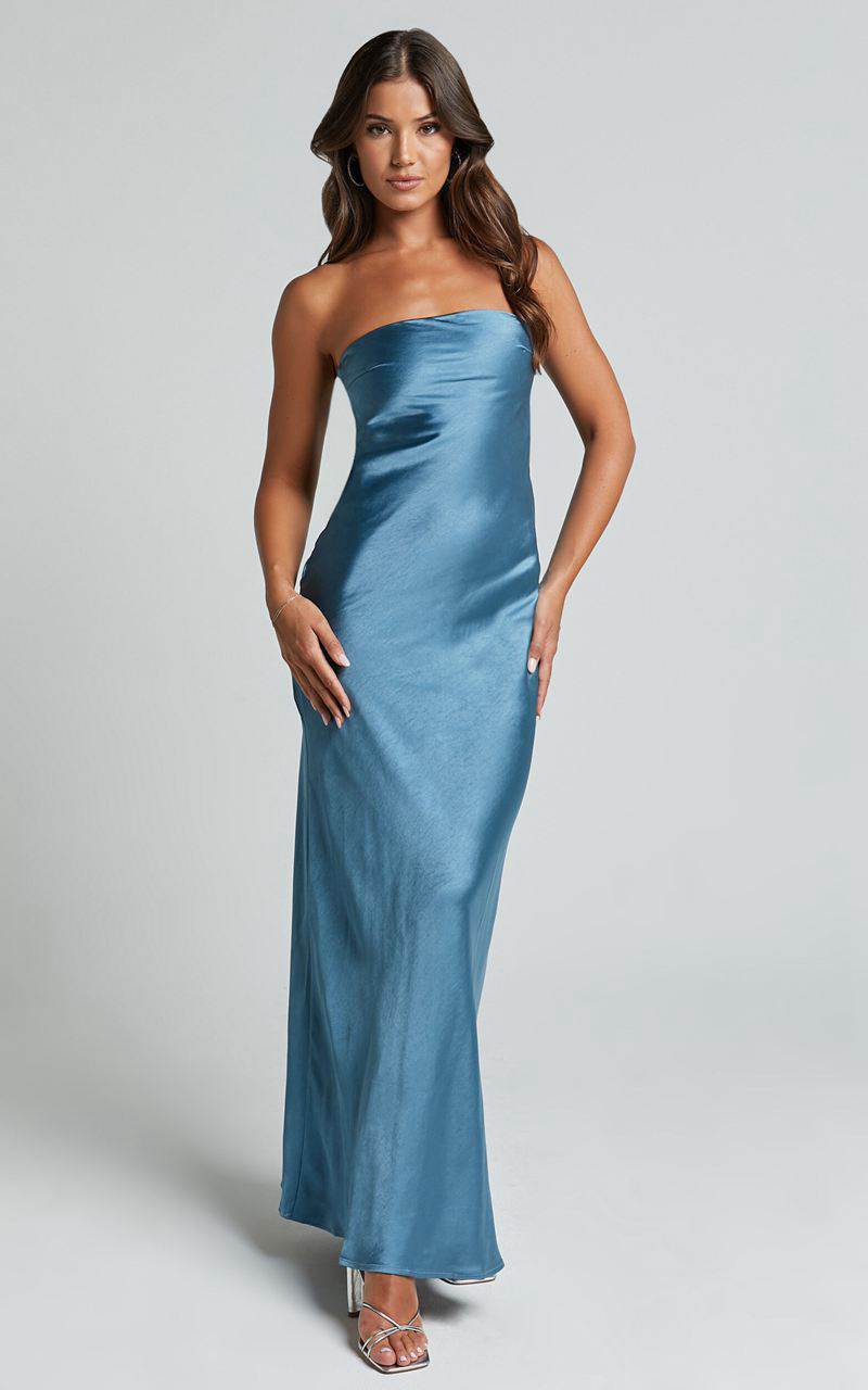 Showpo Charlita Maxi Dress - Strapless Cowl Back Satin Dress Steel Blue | YIPXKH576