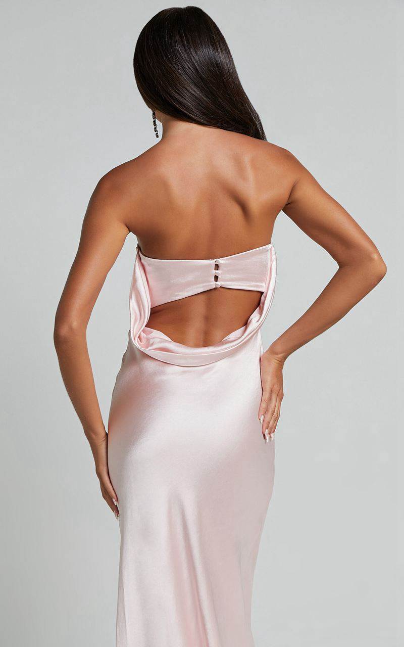 Showpo Charlita Maxi Dress - Strapless Cowl Back Satin Dress Pale Pink | HFBSUR732