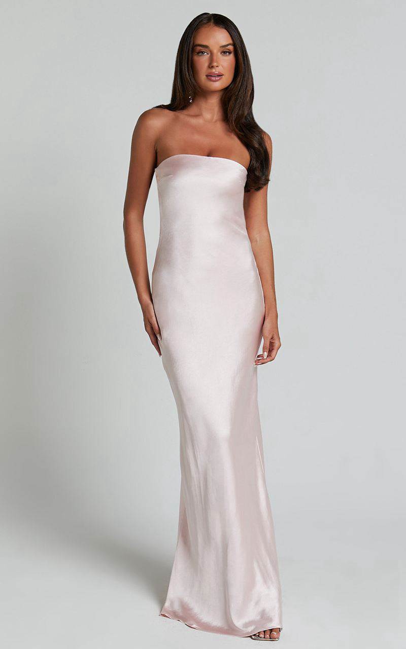 Showpo Charlita Maxi Dress - Strapless Cowl Back Satin Dress Pale Pink | HFBSUR732