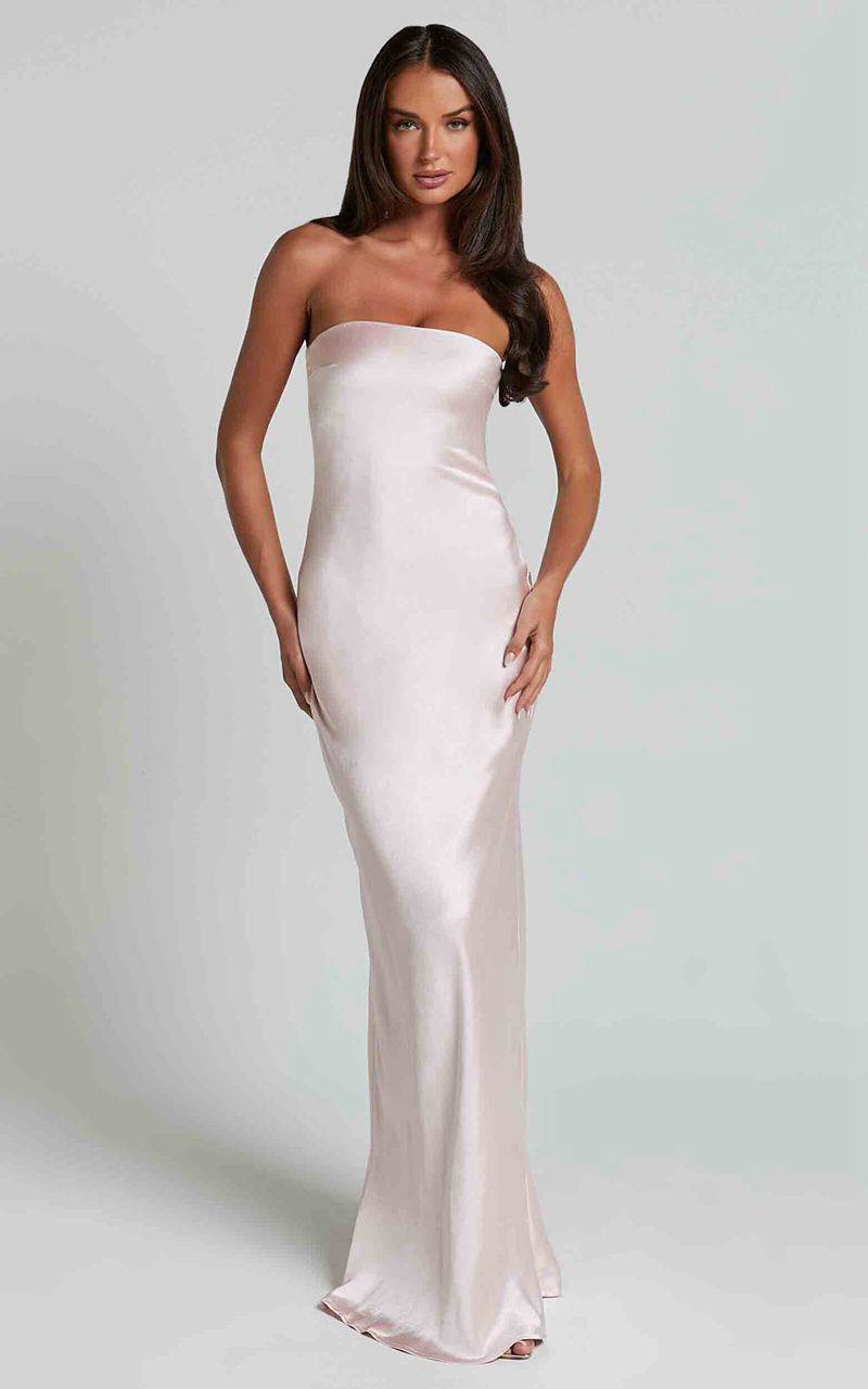 Showpo Charlita Maxi Dress - Strapless Cowl Back Satin Dress Pale Pink | HFBSUR732