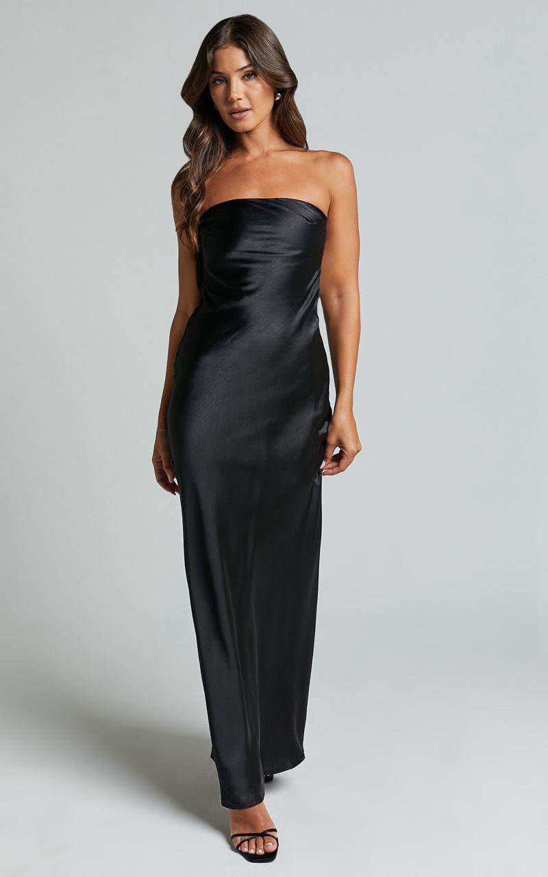 Showpo Charlita Maxi Dress - Strapless Cowl Back Satin Dress Black | GNPQBV951