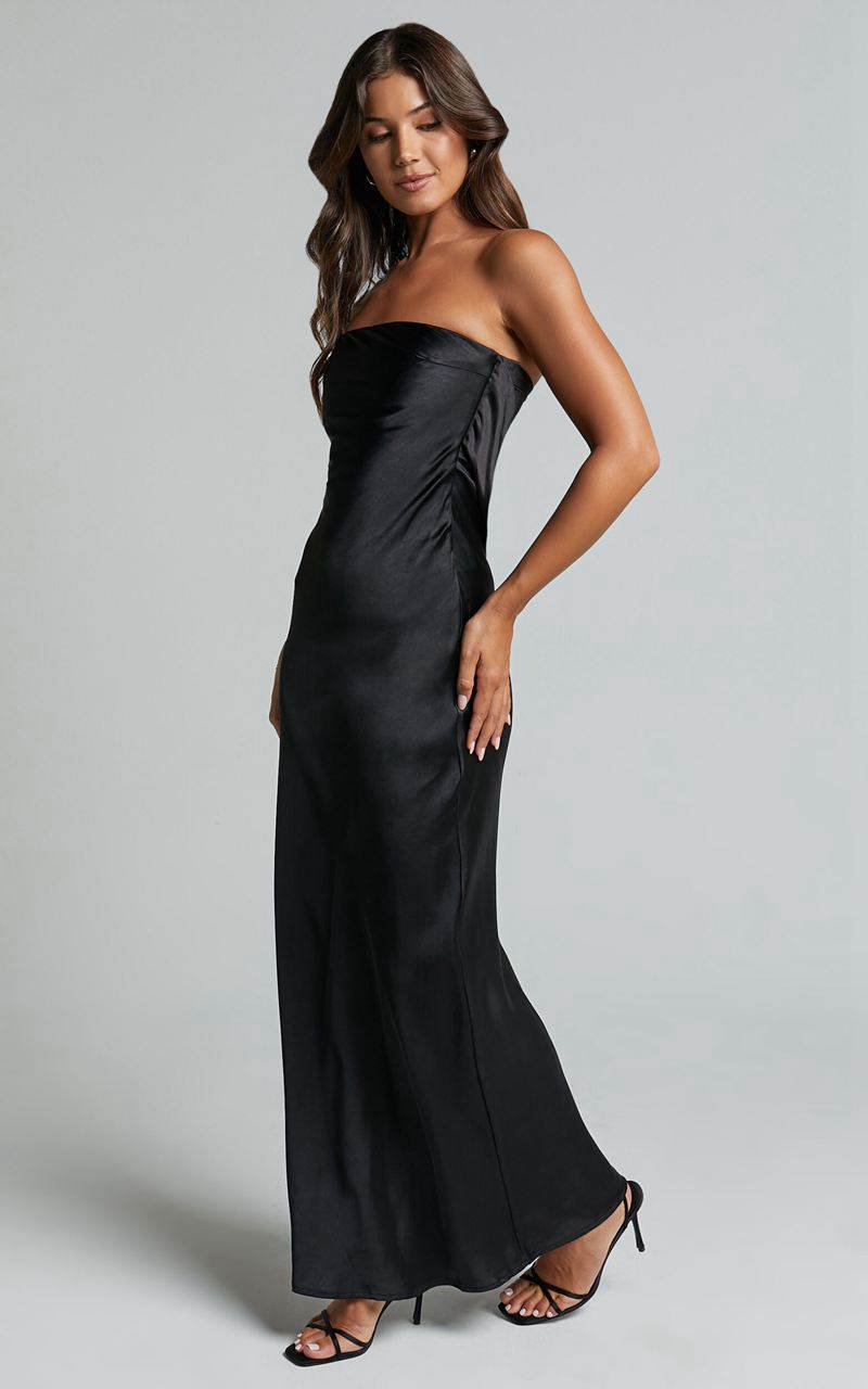 Showpo Charlita Maxi Dress - Strapless Cowl Back Satin Dress Black | GNPQBV951