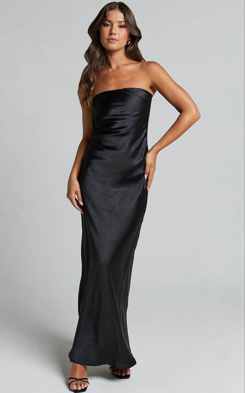 Showpo Charlita Maxi Dress - Strapless Cowl Back Satin Dress Black | GNPQBV951