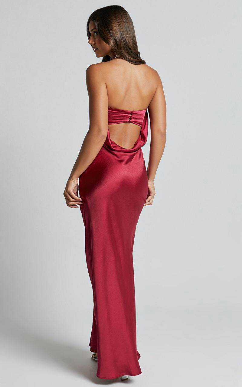 Showpo Charlita Maxi Dress - Strapless Cowl Back Satin Dress Berry | WKUVXR921