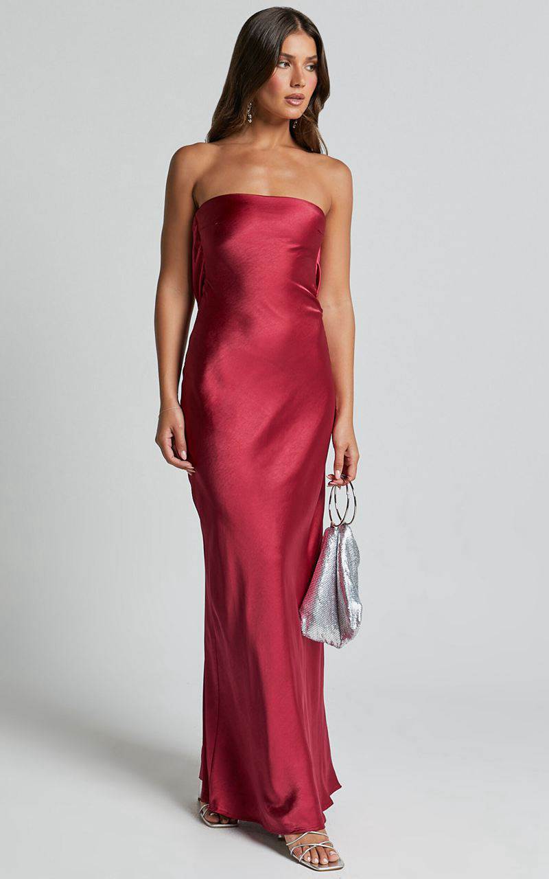 Showpo Charlita Maxi Dress - Strapless Cowl Back Satin Dress Berry | WKUVXR921