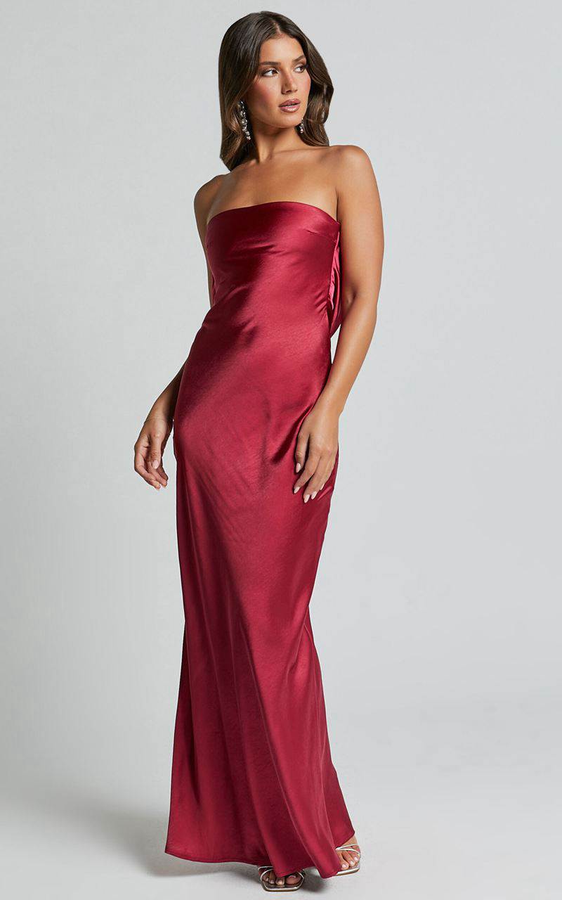 Showpo Charlita Maxi Dress - Strapless Cowl Back Satin Dress Berry | WKUVXR921