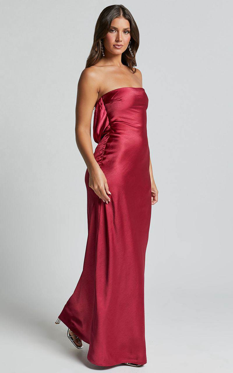 Showpo Charlita Maxi Dress - Strapless Cowl Back Satin Dress Berry | WKUVXR921