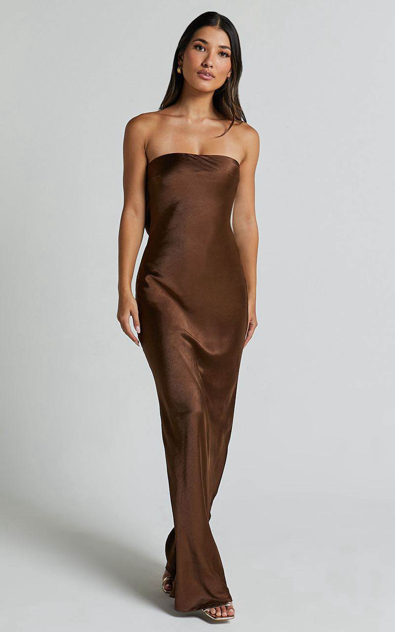 Showpo Charlita Maxi Dress - Strapless Cowl Back Satin Dress Chocolate | DAWMVK907