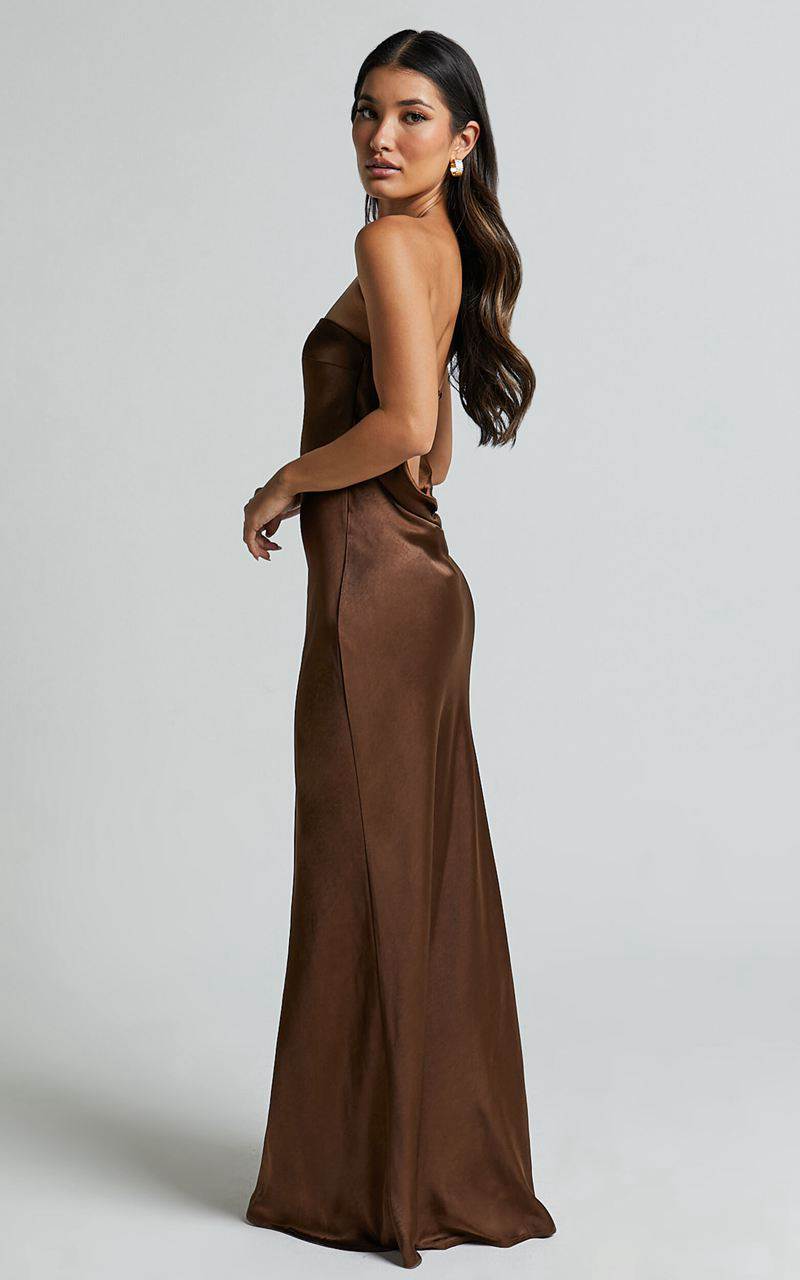 Showpo Charlita Maxi Dress - Strapless Cowl Back Satin Dress Chocolate | DAWMVK907