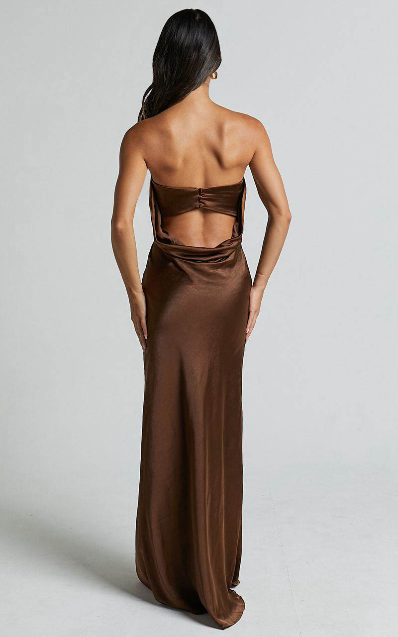 Showpo Charlita Maxi Dress - Strapless Cowl Back Satin Dress Chocolate | DAWMVK907