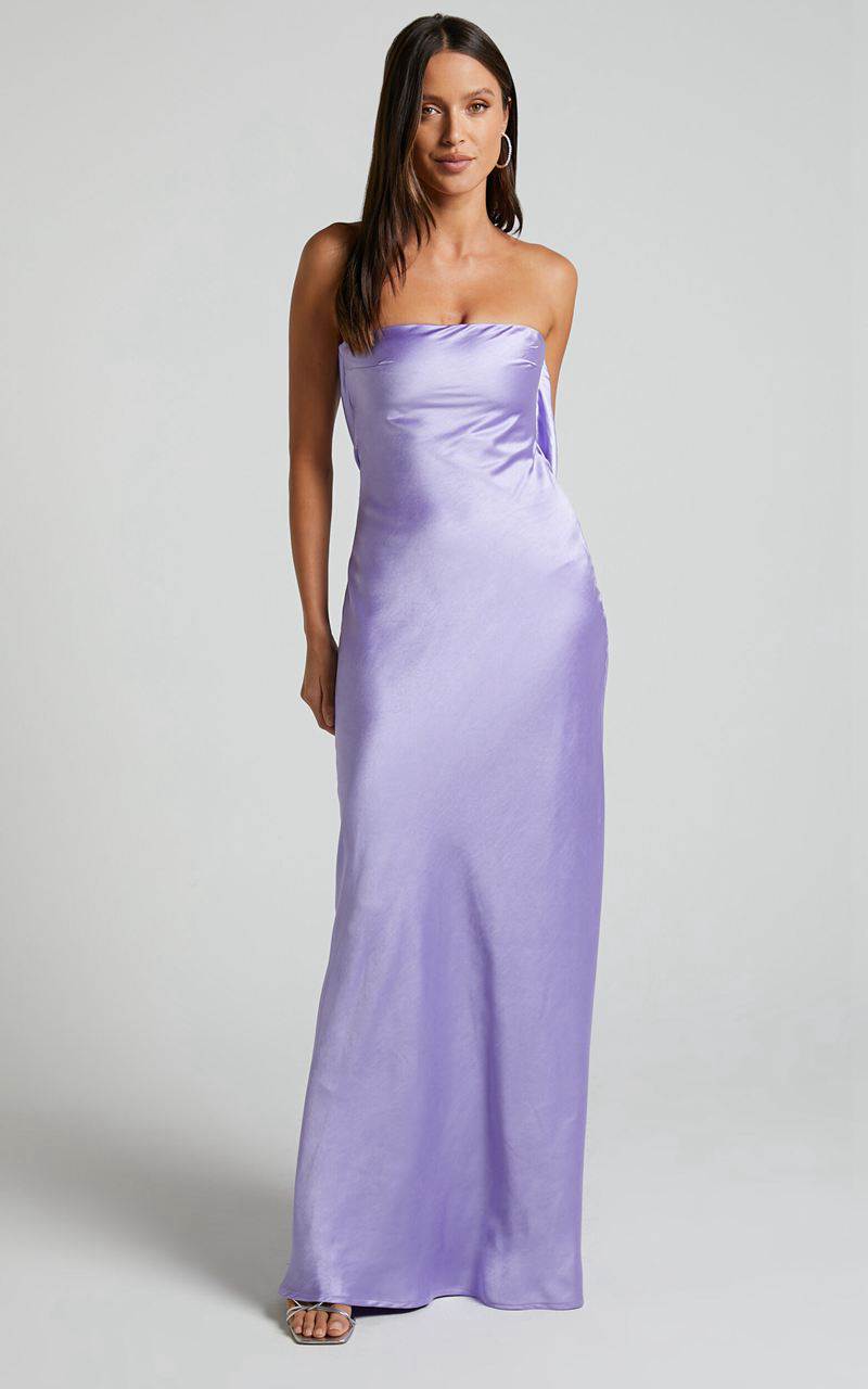 Showpo Charlita Maxi Dress - Strapless Cowl Back Satin Dress Lilac | CEOYNI459