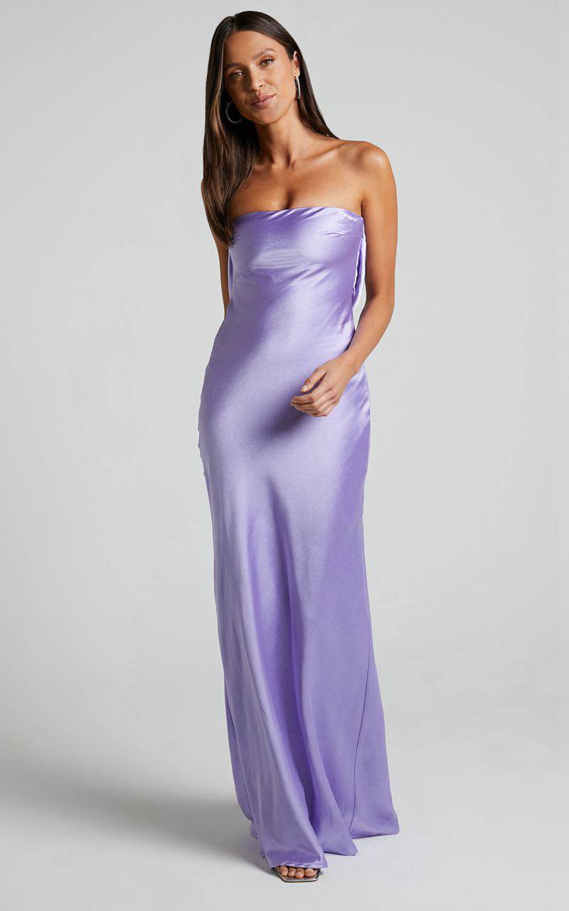 Showpo Charlita Maxi Dress - Strapless Cowl Back Satin Dress Lilac | CEOYNI459