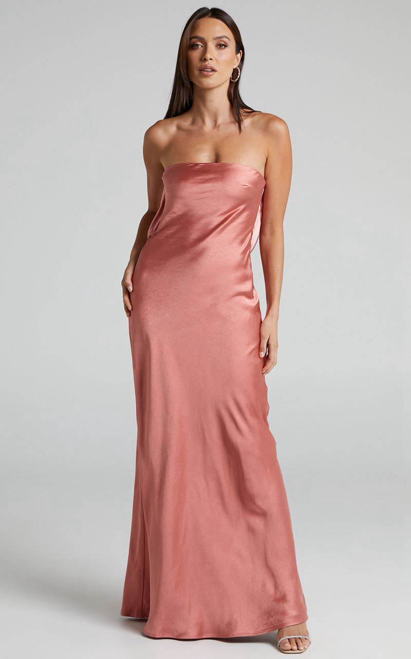 Showpo Charlita Maxi Dress - Strapless Cowl Back Satin Dress Peach | JVOSIB324