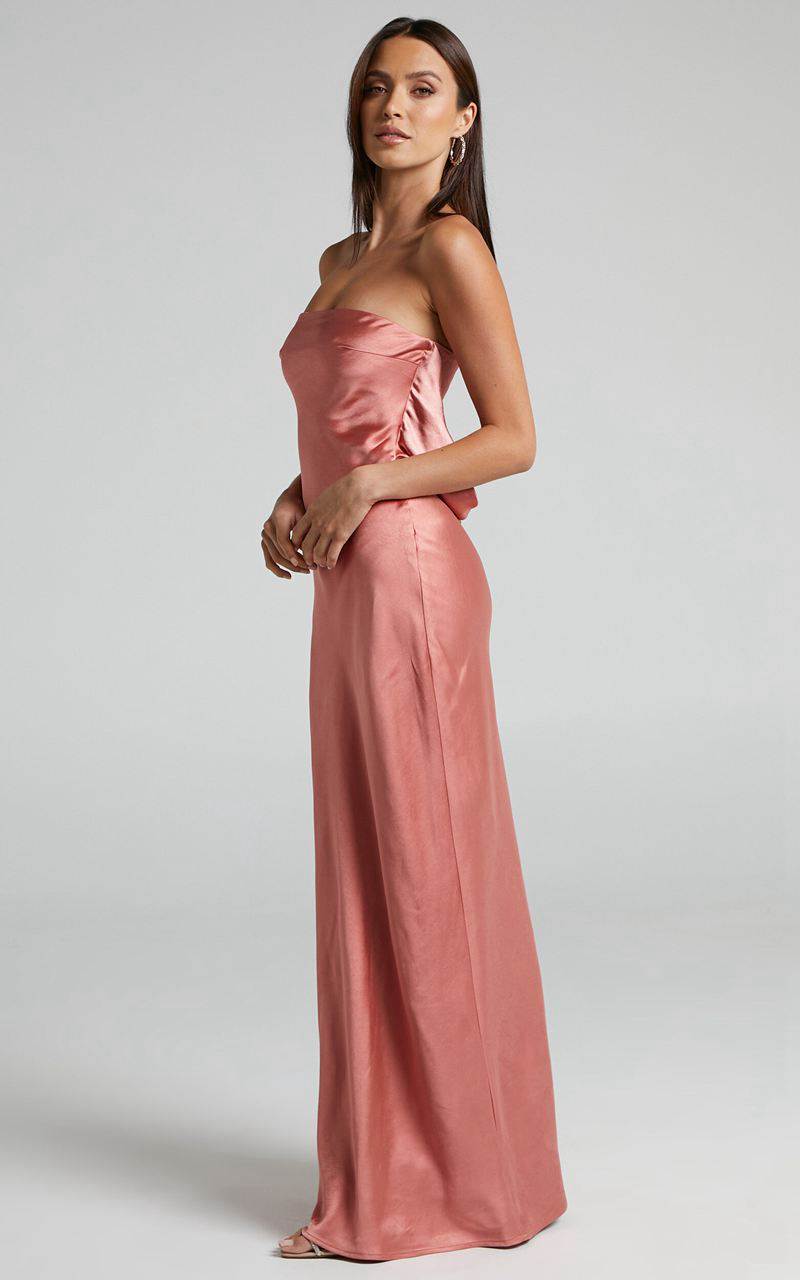 Showpo Charlita Maxi Dress - Strapless Cowl Back Satin Dress Peach | JVOSIB324