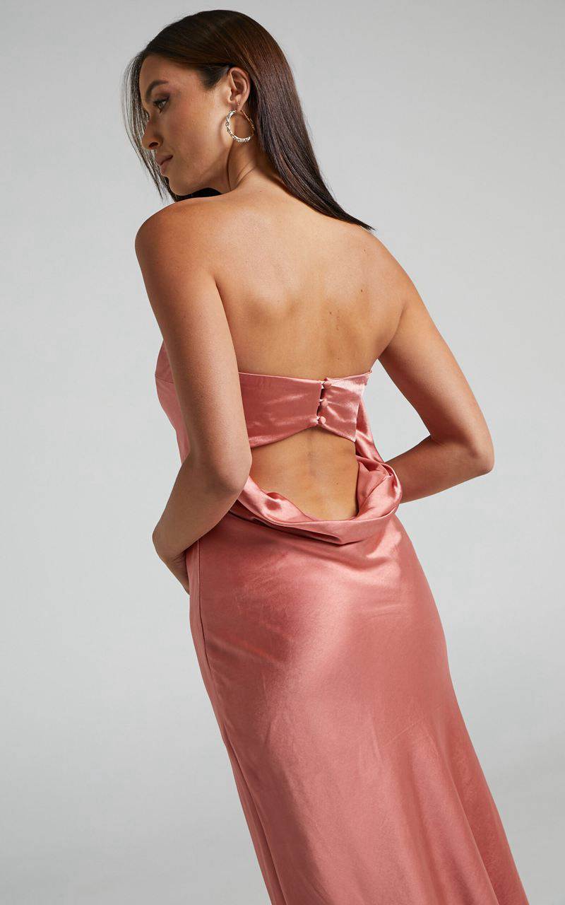 Showpo Charlita Maxi Dress - Strapless Cowl Back Satin Dress Peach | JVOSIB324