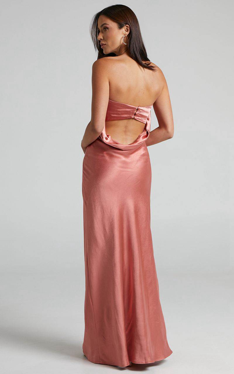 Showpo Charlita Maxi Dress - Strapless Cowl Back Satin Dress Peach | JVOSIB324