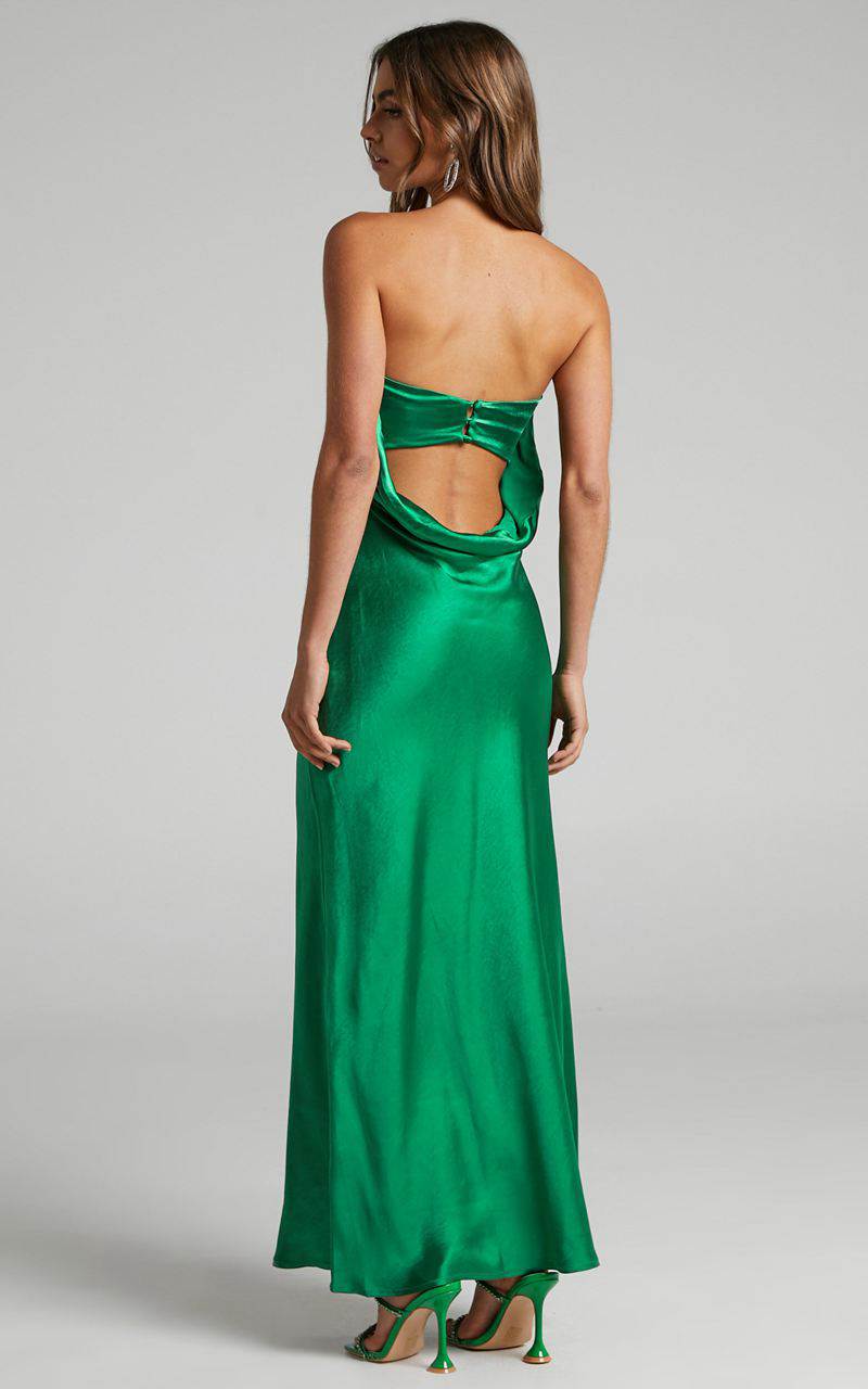 Showpo Charlita Maxi Dress - Strapless Cowl Back Satin Dress Green | UCFZIA290