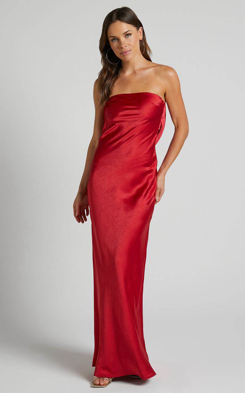 Showpo Charlita Maxi Dress - Strapless Cowl Back Satin Dress Cherry Red | DWFNUA679