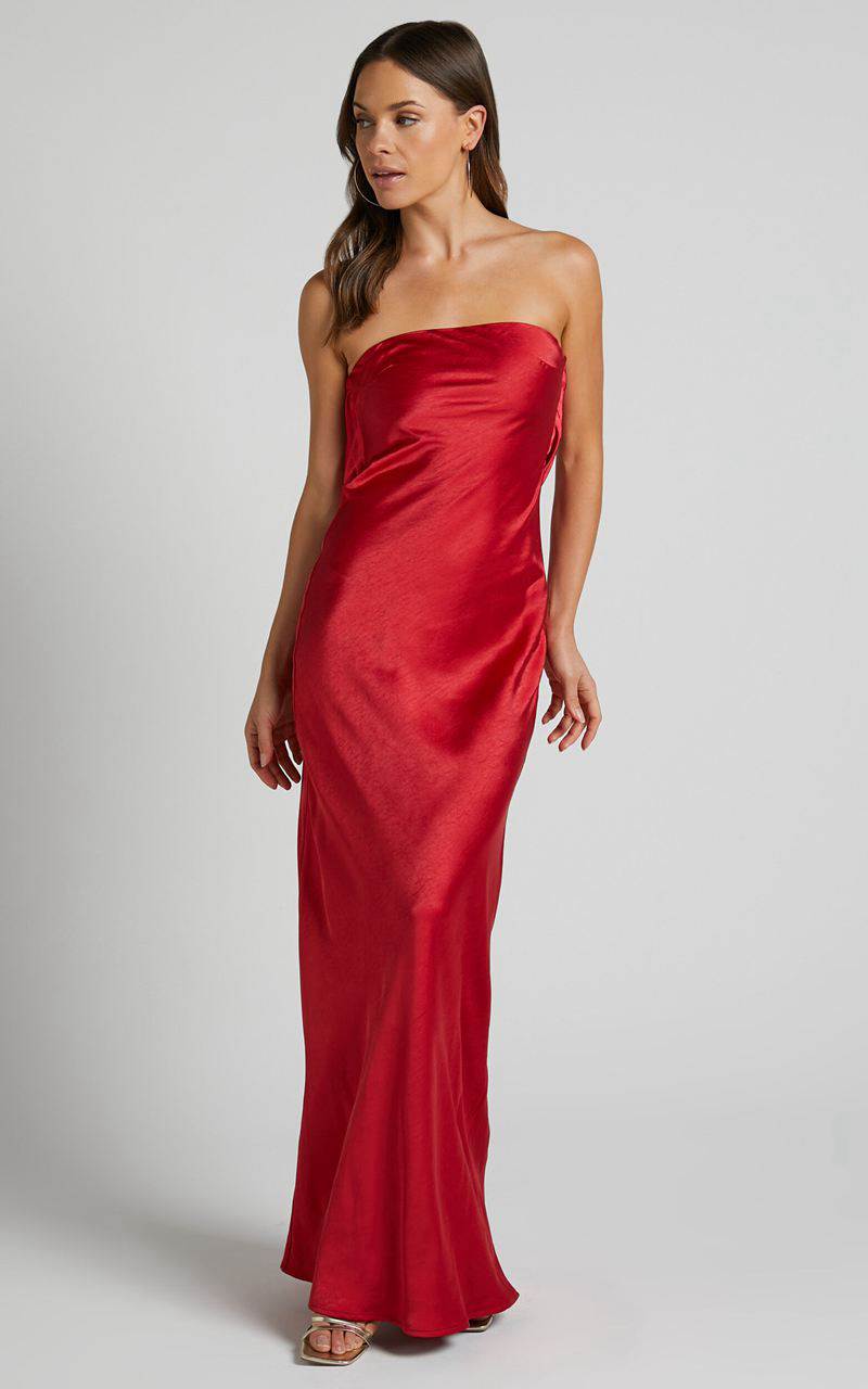 Showpo Charlita Maxi Dress - Strapless Cowl Back Satin Dress Cherry Red | DWFNUA679