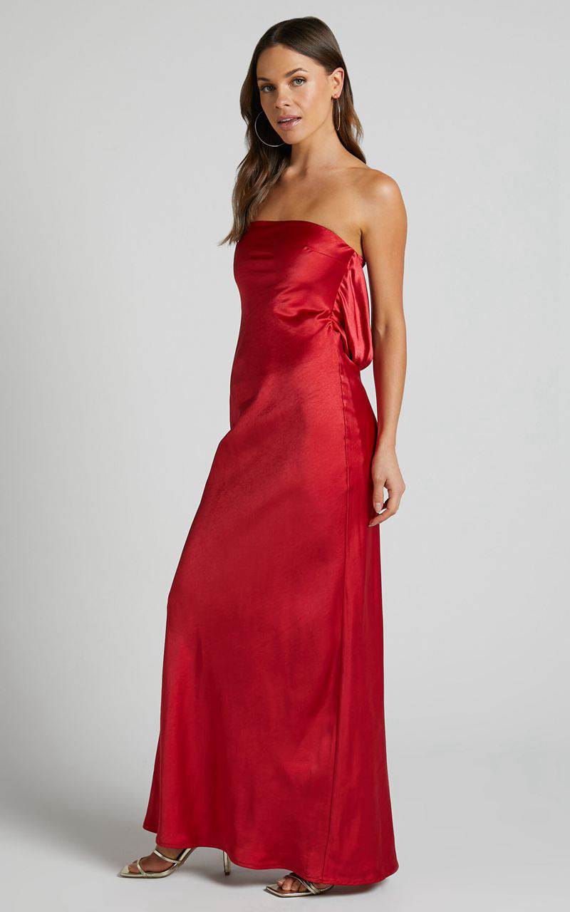 Showpo Charlita Maxi Dress - Strapless Cowl Back Satin Dress Cherry Red | DWFNUA679