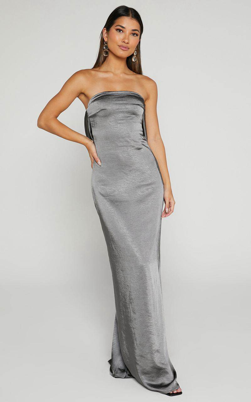 Showpo Charlita Maxi Dress - Strapless Cowl Back Satin Dress Charcoal | CZEPIJ849