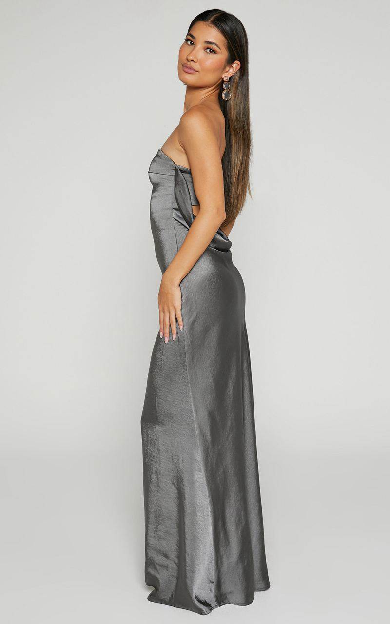 Showpo Charlita Maxi Dress - Strapless Cowl Back Satin Dress Charcoal | CZEPIJ849