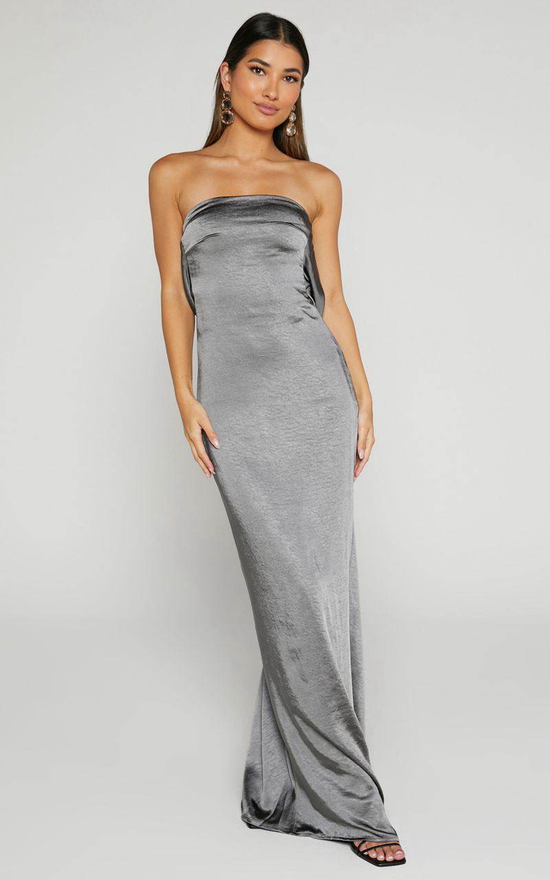 Showpo Charlita Maxi Dress - Strapless Cowl Back Satin Dress Charcoal | CZEPIJ849