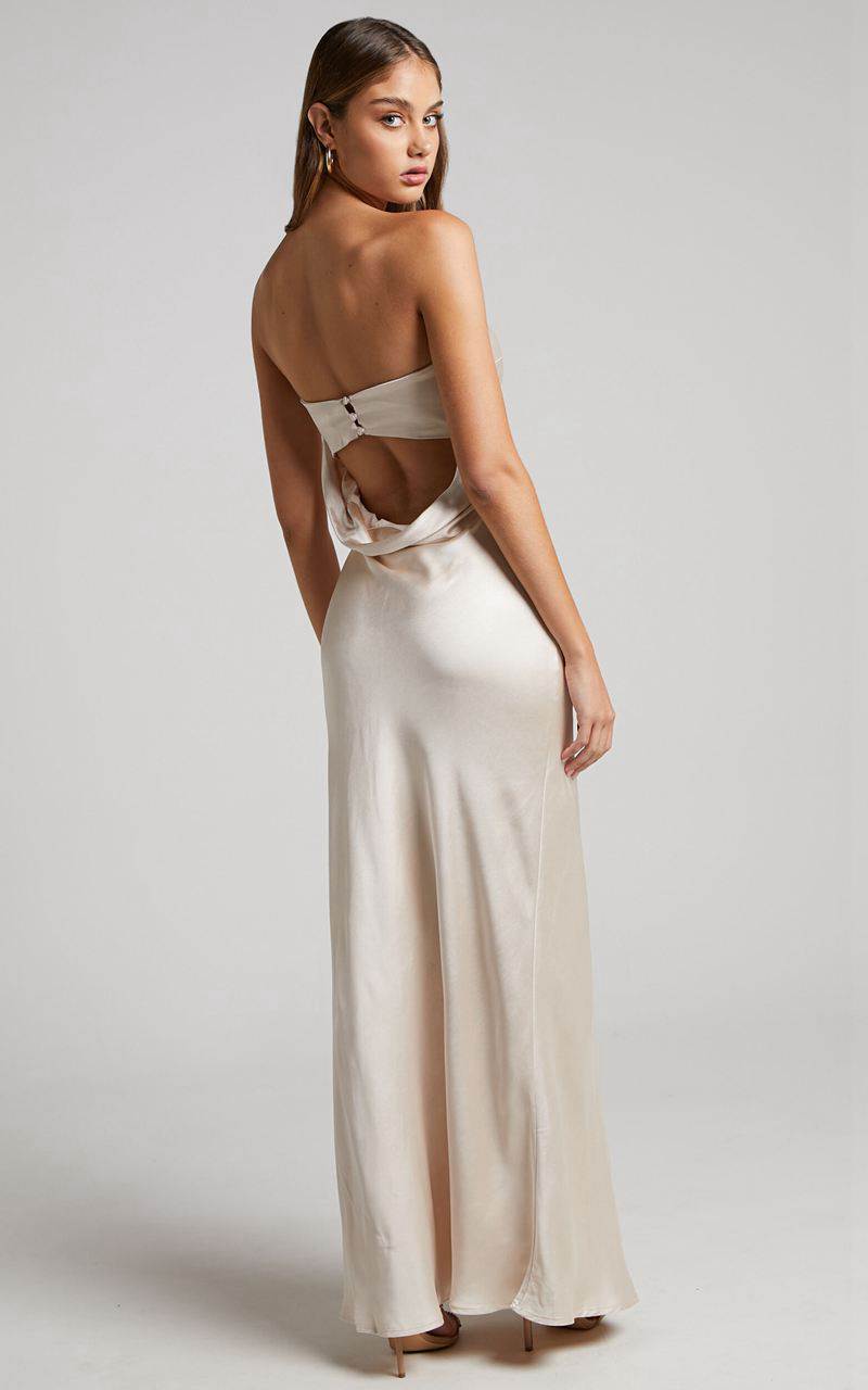 Showpo Charlita Maxi Dress - Strapless Cowl Back Satin Dress Champagne | GRVHPA026