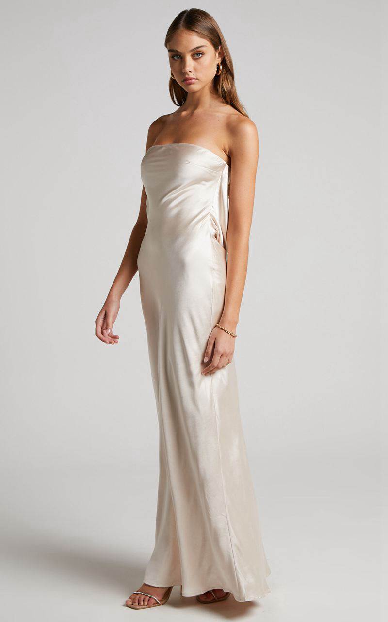 Showpo Charlita Maxi Dress - Strapless Cowl Back Satin Dress Champagne | GRVHPA026