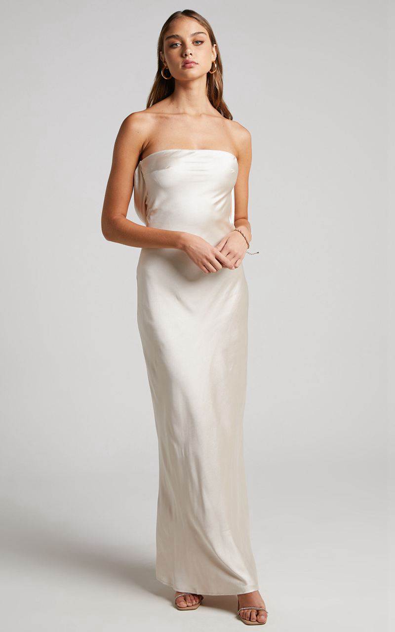 Showpo Charlita Maxi Dress - Strapless Cowl Back Satin Dress Champagne | GRVHPA026