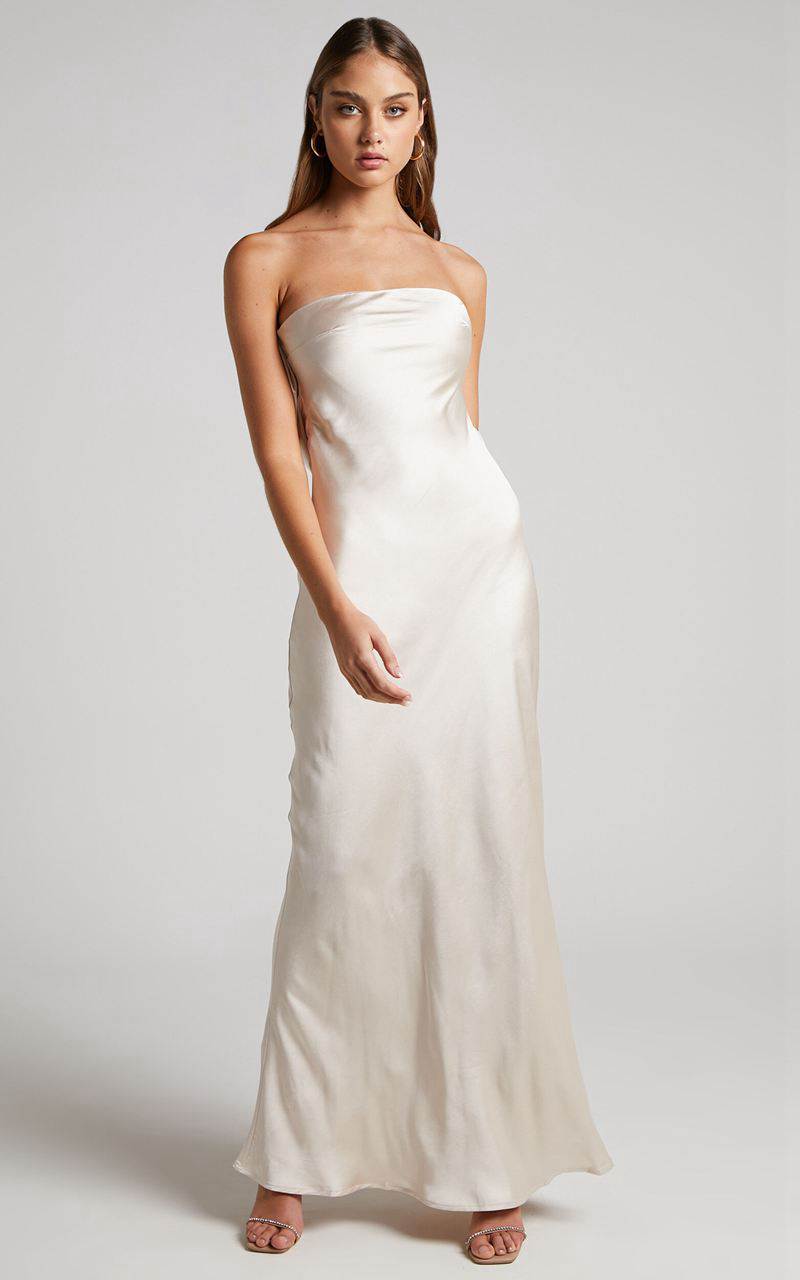 Showpo Charlita Maxi Dress - Strapless Cowl Back Satin Dress Champagne | GRVHPA026