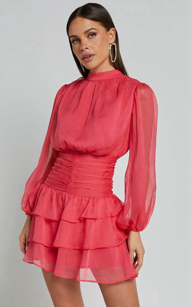 Showpo Charlize Mini Dress - High Neck Long Sleeve Layered Dress Coral | WFKHPB617